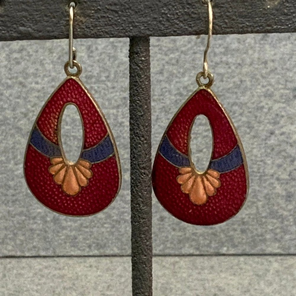 Cloisonne Dangle Pierced Earrings Teardrop Silver - Picture 2 of 5